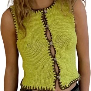 Y2k Knitted Vest Sexy V Neck Crochet Sleeveless Button Down Vintage Summer